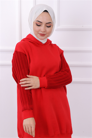 Kolu Triko Detaylı Üç İplik Kumaş Tunik Kırmızı
