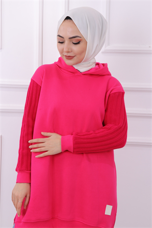 Kolu Triko Detaylı Üç İplik Kumaş Tunik Pembe