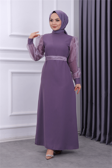 Kolu Tül Kalem Elbise Mor