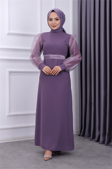 Kolu Tül Kalem Elbise Mor