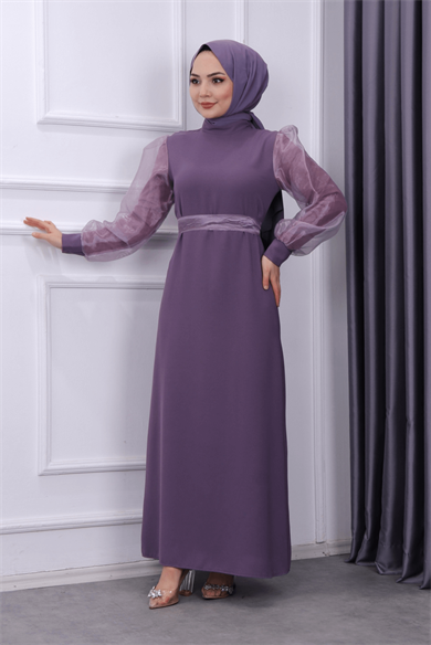 Kolu Tül Kalem Elbise Mor