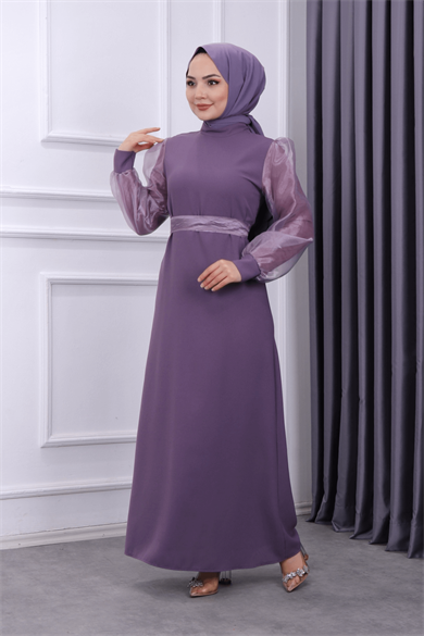 Kolu Tül Kalem Elbise Mor