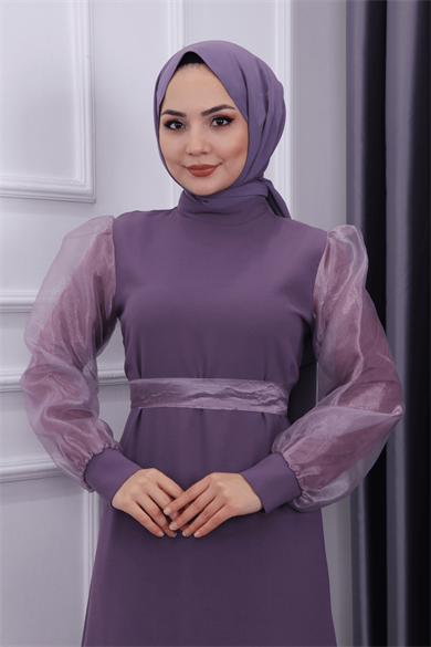 Kolu Tül Kalem Elbise Mor