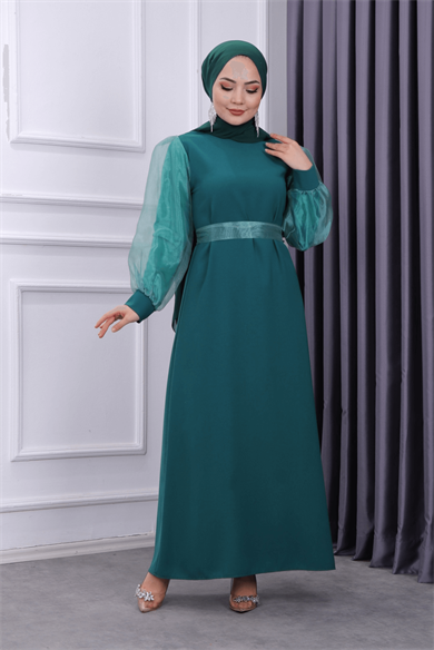 Kolu Tül Kalem Elbise Yeşil