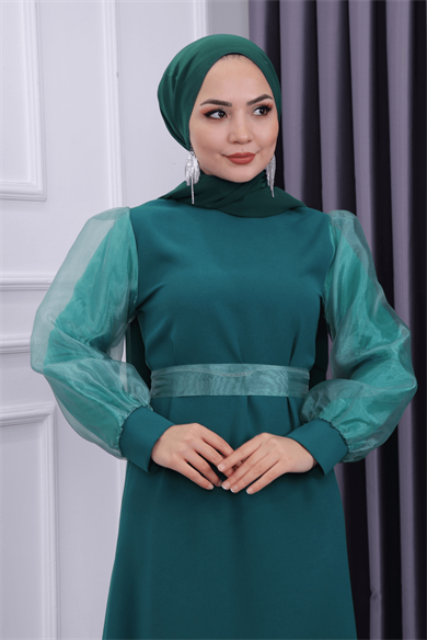 Kolu Tül Kalem Elbise Yeşil