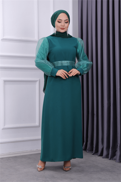 Kolu Tül Kalem Elbise Yeşil