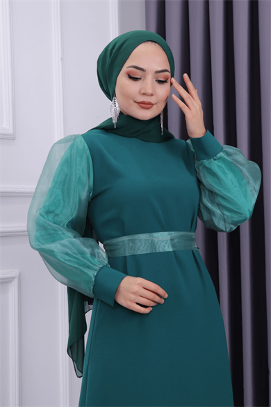 Kolu Tül Kalem Elbise Yeşil