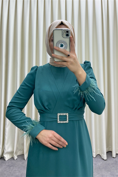 Kolu Tüy Detaylı Elbise 