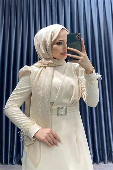 Kolu Tüy Detaylı Elbise Krem