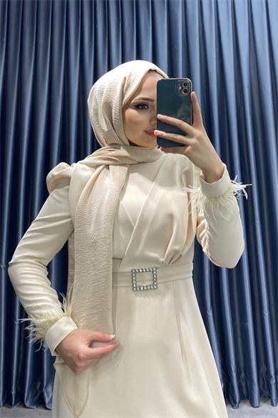 Kolu Tüy Detaylı Elbise Krem