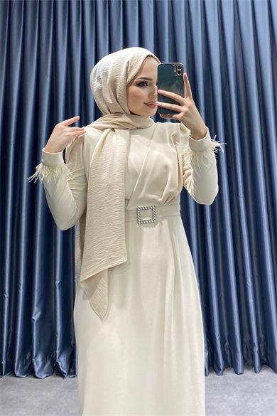 Kolu Tüy Detaylı Elbise Krem