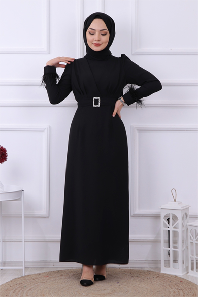 Kolu Tüy Detaylı Elbise Siyah
