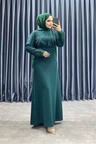 Kolu Tüylü Ve Taşlı Elbise Yeşil