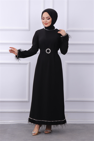 Kolu Ve Etek Ucu Taşlı Elbise 