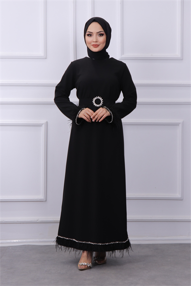 Kolu Ve Etek Ucu Taşlı Elbise 