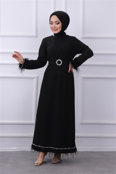 Kolu Ve Etek Ucu Taşlı Elbise 