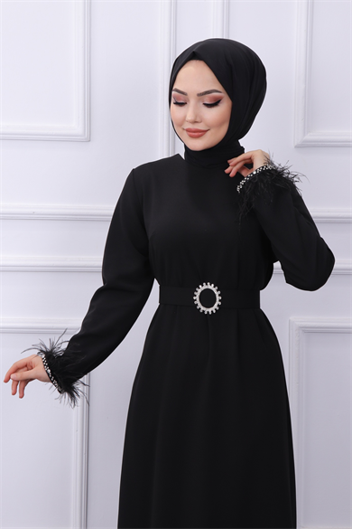 Kolu Ve Etek Ucu Taşlı Elbise 