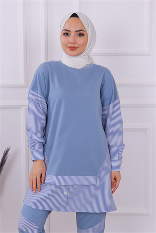 Kolu Ve Pantolonu Çizgi Detaylı Takım Mavi