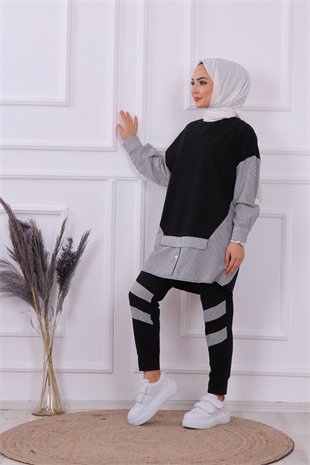 Kolu Ve Pantolonu Çizgi Detaylı Takım Siyah