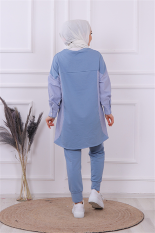 Kolu Ve Pantolonu Çizgi Detaylı Takım Mavi