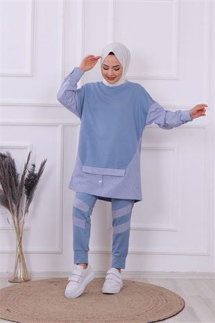 Kolu Ve Pantolonu Çizgi Detaylı Takım Mavi