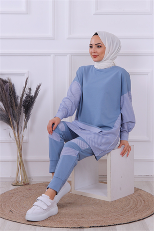 Kolu Ve Pantolonu Çizgi Detaylı Takım Mavi