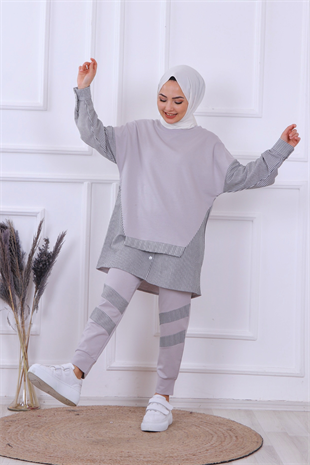 Kolu Ve Pantolonu Çizgi Detaylı Takım Gri