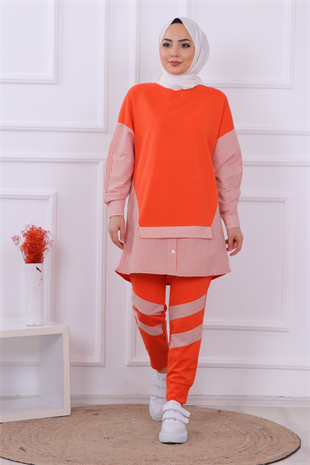 Kolu Ve Pantolonu Çizgi Detaylı Takım Turuncu