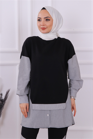 Kolu Ve Pantolonu Çizgi Detaylı Takım Siyah
