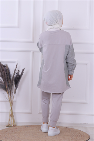 Kolu Ve Pantolonu Çizgi Detaylı Takım Gri