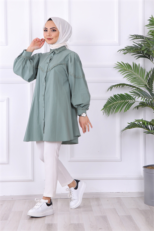Kolu Ve Yakası Dantelli Tunik Yeşil
