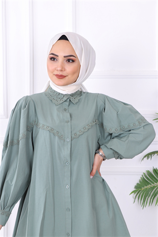 Kolu Ve Yakası Dantelli Tunik Yeşil