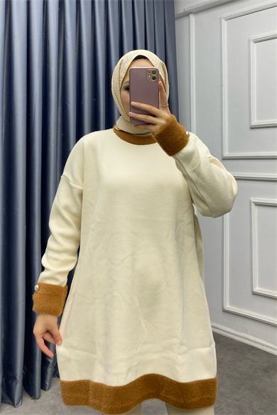 Kolu Ve Yakası Peluş Tunik Krem