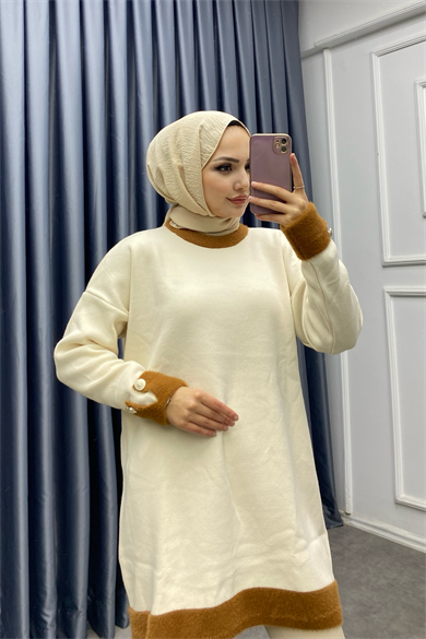 Kolu Ve Yakası Peluş Tunik Krem