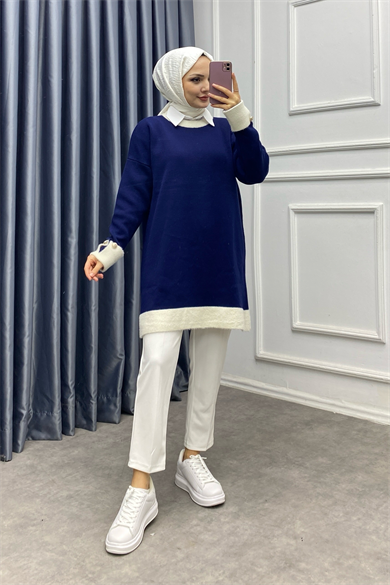 Kolu Ve Yakası Peluş Tunik Lacivert