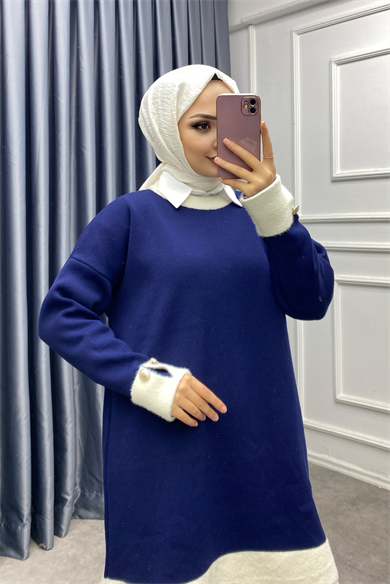 Kolu Ve Yakası Peluş Tunik Lacivert