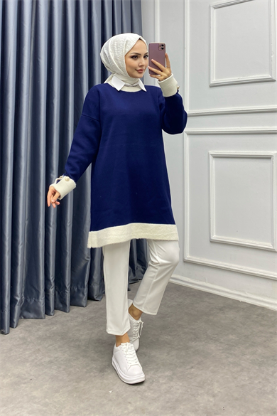 Kolu Ve Yakası Peluş Tunik Lacivert