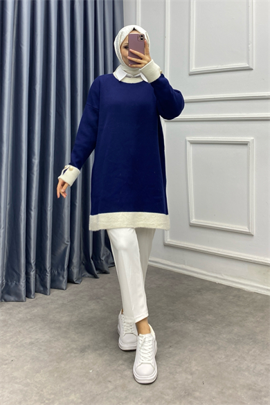 Kolu Ve Yakası Peluş Tunik Lacivert