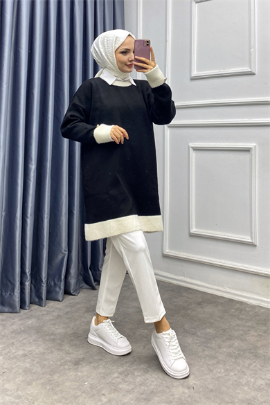 Kolu Ve Yakası Peluş Tunik Siyah