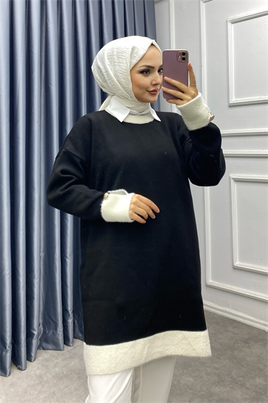 Kolu Ve Yakası Peluş Tunik Siyah