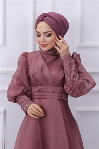Kolu Ve Yakası Taşlı Abiye Pudra