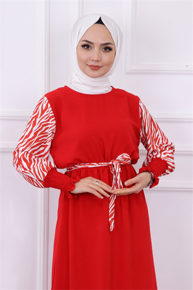 Kolu Zebra Desen Elbise Kırmızı