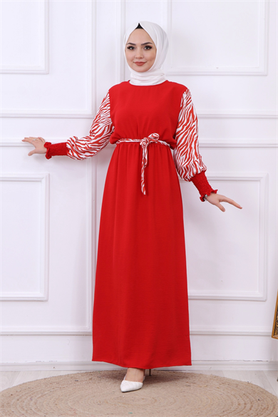 Kolu Zebra Desen Elbise Kırmızı