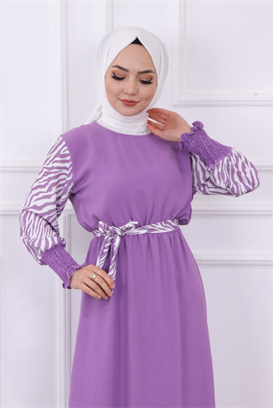 Kolu Zebra Desen Elbise Lila