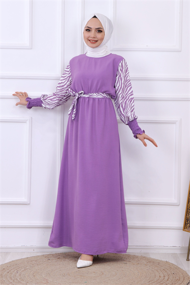 Kolu Zebra Desen Elbise Lila