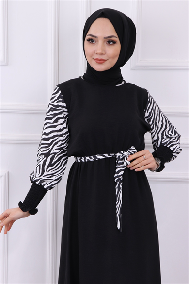 Kolu Zebra Desen Elbise Siyah