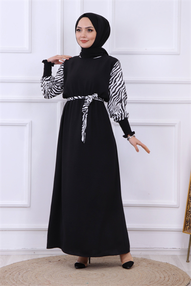 Kolu Zebra Desen Elbise Siyah