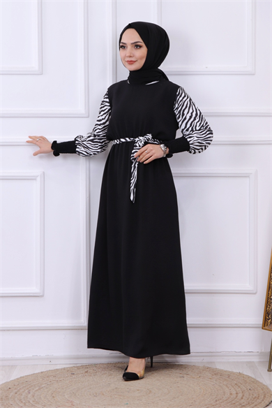 Kolu Zebra Desen Elbise Siyah