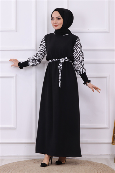 Kolu Zebra Desen Elbise Siyah