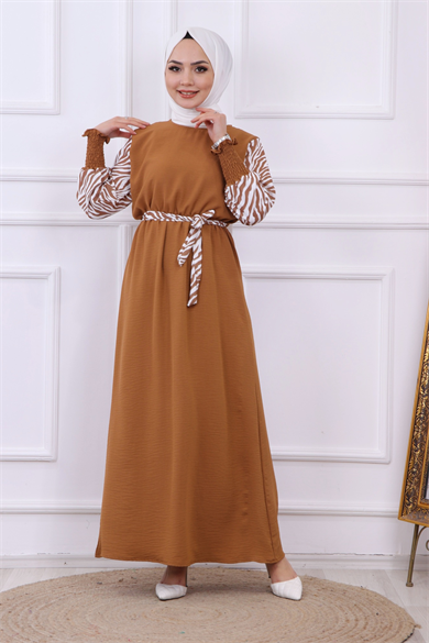 Kolu Zebra Desen Elbise Taba